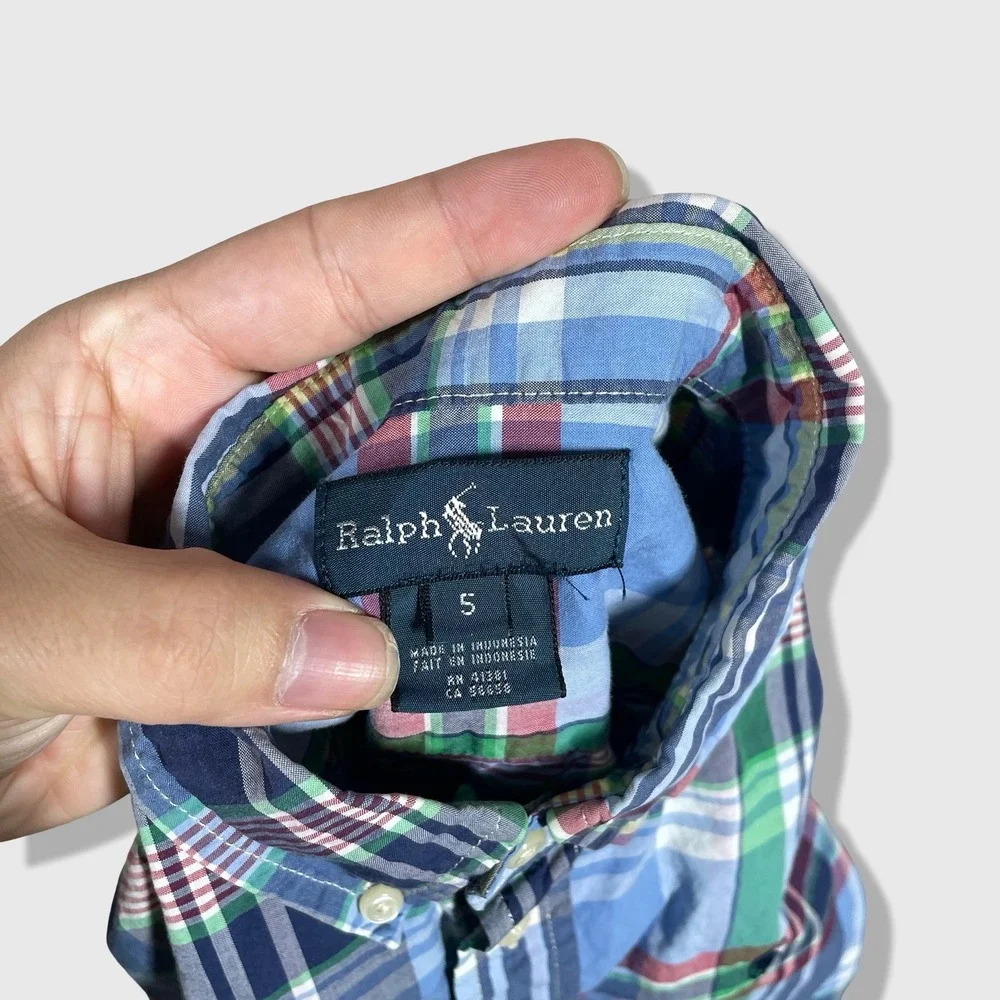 Ralph Lauren‎ Button Down Shirt Kids Size 5 Blue Plaid Preppy Aesthetic